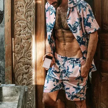 JAUNS Vīriešu Havaju Komplekti Drukas 2021. Gada Vasaras Īsām Piedurknēm Pogas, Kreklu, Pludmales Šorti Streetwear Gadījuma Vīriešu Uzvalku 2 Gabali Uzvalks