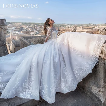 LOUIS NOVIAS garām Piedurknēm Kāzu Kleitu 2020. Gadam Romantiska Decal Kāzu Kleita, Kaklasaite Ar Vārdu Princese Drēbes Ar Sapņainām Mežģīņu Modelis