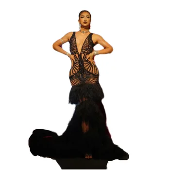 Melns Sexy Piedurknēm Spīd Sequin Marli Ilgi Trailing Kleita Sievietēm Vakara Slavenību Apģērbu Modes Skate, Kostīmi Apģērbs